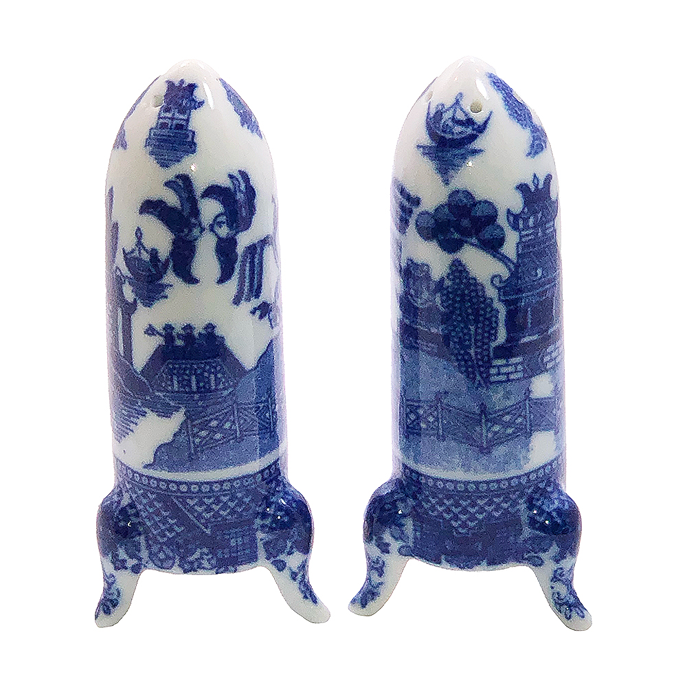 Rocket Shaped Blue Willow Salt and Pepper Shakers, 3.5H
