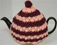 Knitted Tea Cozy, Peach with Burgundy Stripes, Medium 4-5 Cup