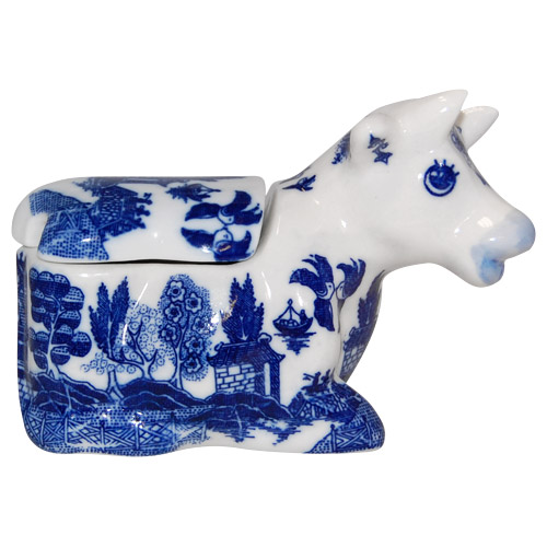 Blue Willow Ware Cow Sugar Pot with Cover
