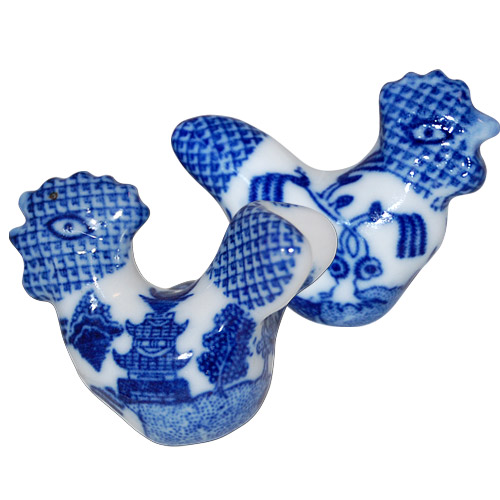 Blue Willow Ware - Rooster and Hen Shaped 1.5D Door Knob - Set of 2