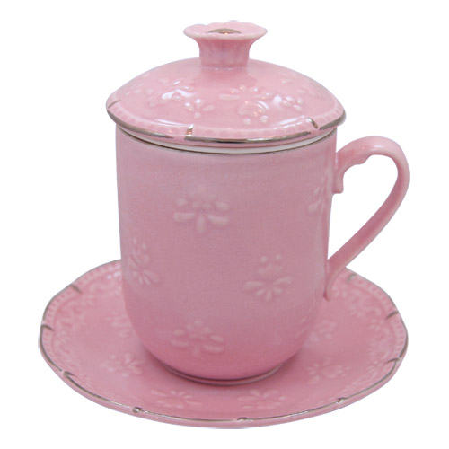 Pink Tea Mug with Cover, Strainer and Saucer Gift Set