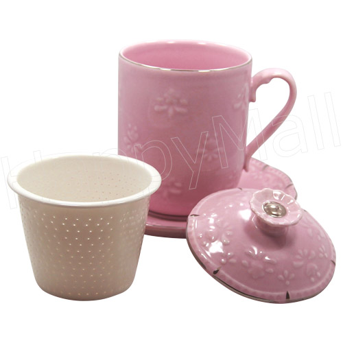 Pink Tea Mug with Cover, Strainer and Saucer Gift Set, photo-1