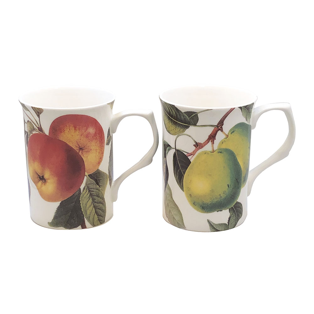 Apple and Pear on Branches - Set of Two Bone China Mugs