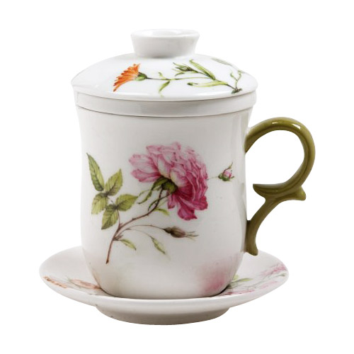 Tea Mug with Cover, Strainer and Saucer, Dahlia Floral