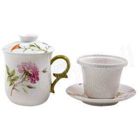 Tea Mug with Cover, Strainer and Saucer, Dahlia Floral