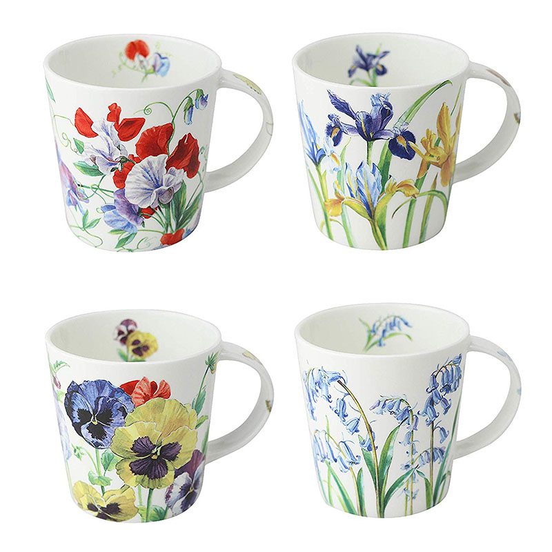 Set of 4 Bone China Mugs - Assorted Botanical Flowers, 16-Ounce