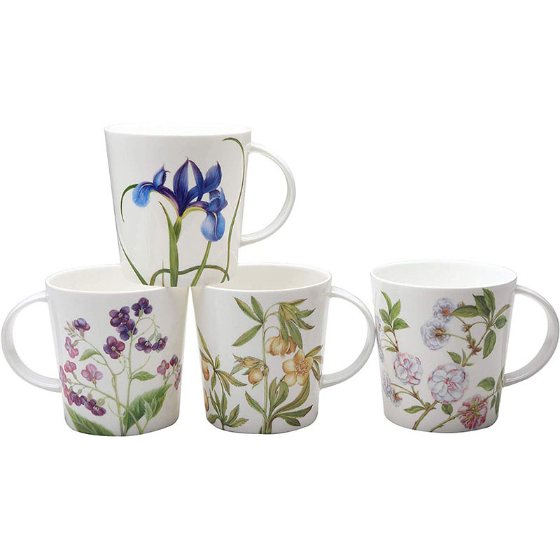 Set of 4 Bone China Mugs - Assorted Botanical Flowers, 16-Ounce