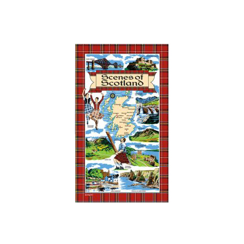 Scotland Scenes Tea Towel with Red Tartan Border Design