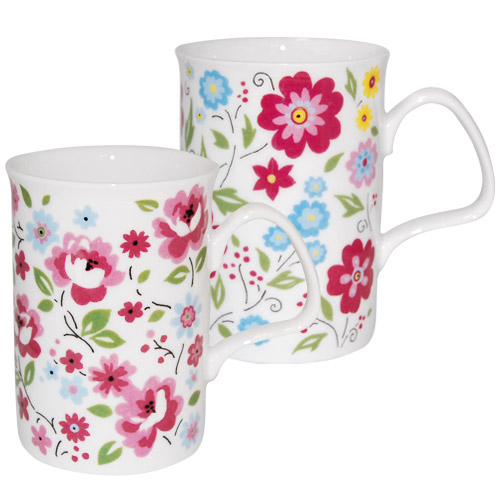 English Bouquet Bone China Mugs - Set of 2