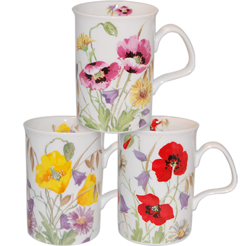 English Meadow Poppy Field Mugs, Set of Three