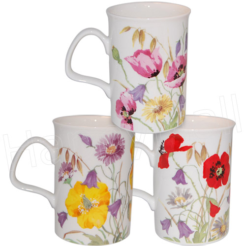 English Meadow Poppy Field Mugs, Set of Three