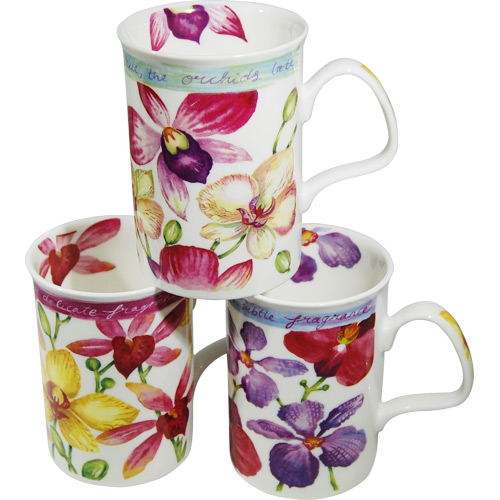 Orchid Flowers - Assorted Set of 3 Fine Bone China Mugs