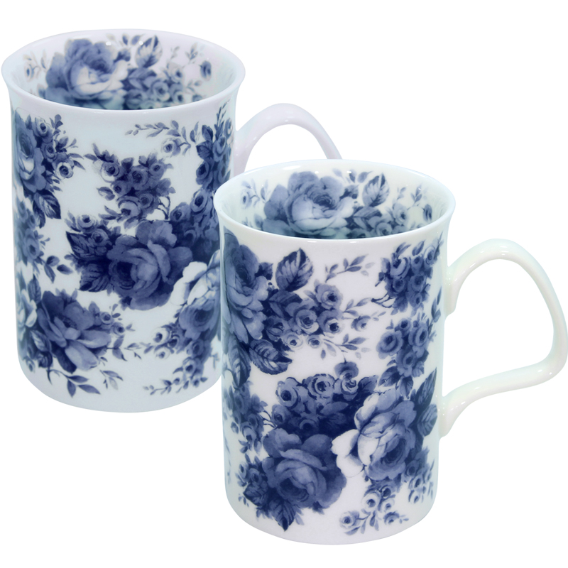 English Chintz in Blue, Set of 2 Rose China Mugs