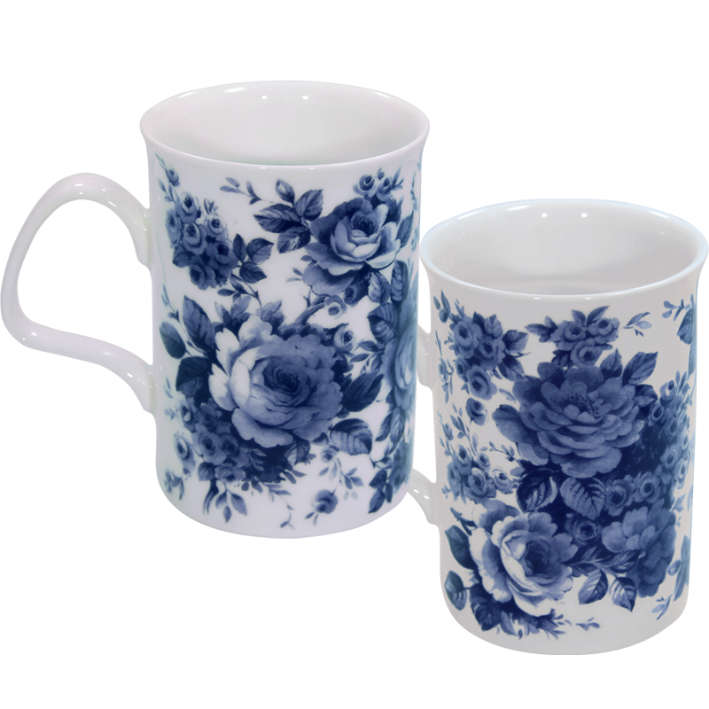 English Chintz in Blue, Set of 2 Rose China Mugs