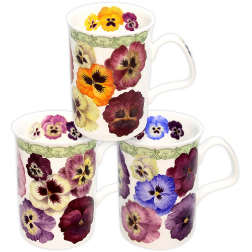 Set of 3 Pansy Fine China Mugs