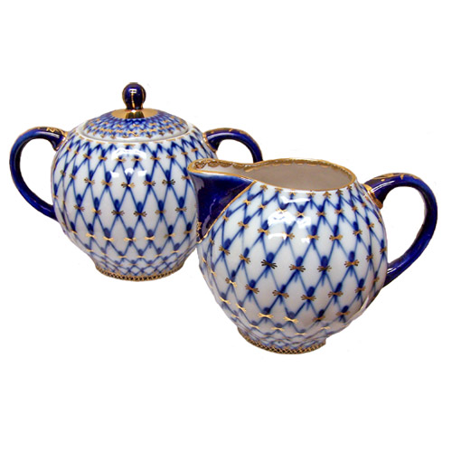 Cobalt Net Creamer and Lidded Sugar Bowl