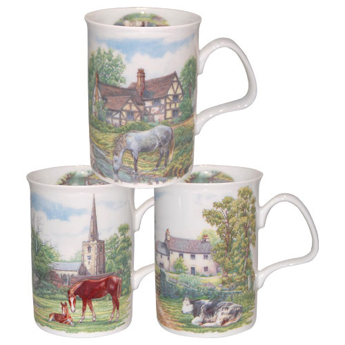 English Country Scene Bone China Mugs - Set of 3