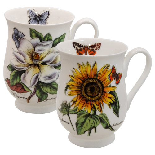 Botanical Flowers with Butterflies, Set of 2 Bone China Mugs
