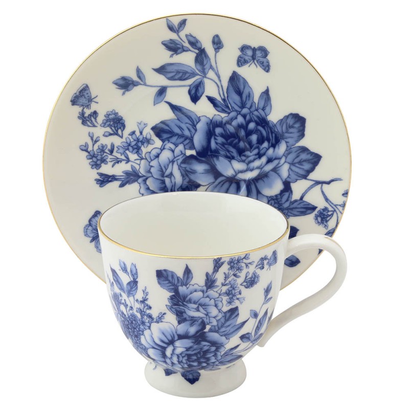 Blue and White Teacups and Saucers - Peony Flowers