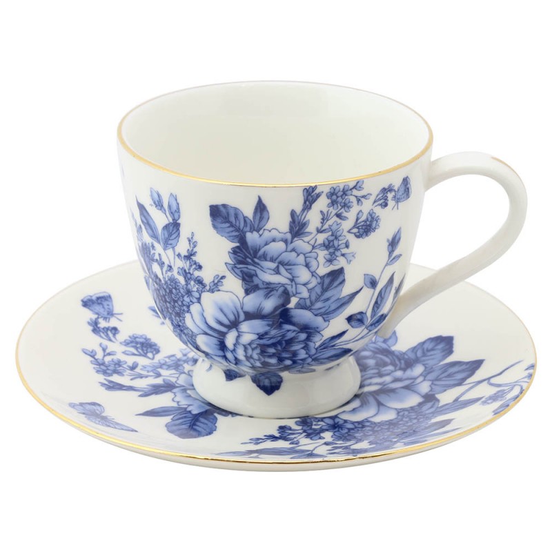 Blue and White Teacups and Saucers - Peony Flowers