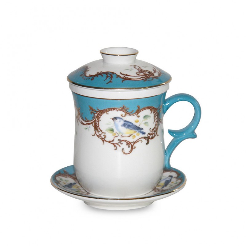 Bluebird Tea Mug with Cover, Strainer and Saucer Gift Set