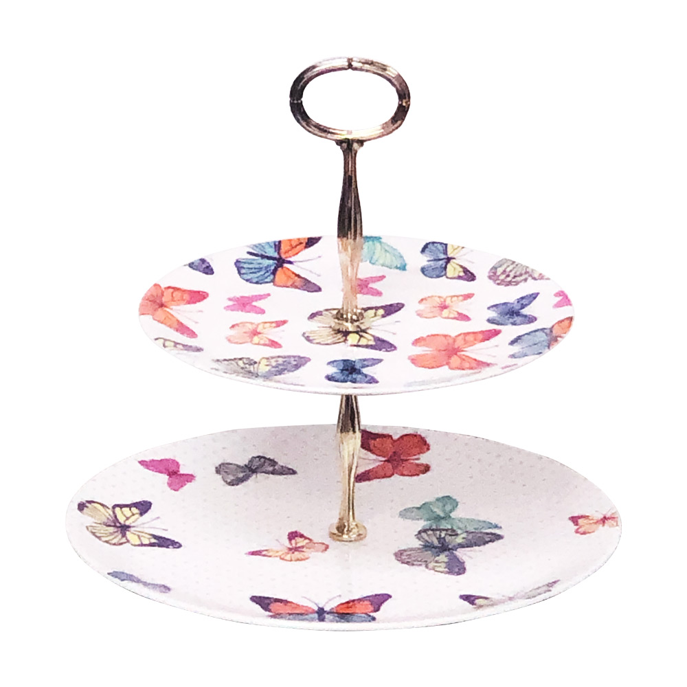 Bone China 2-Tier Cake Stand, Butterflies Galore