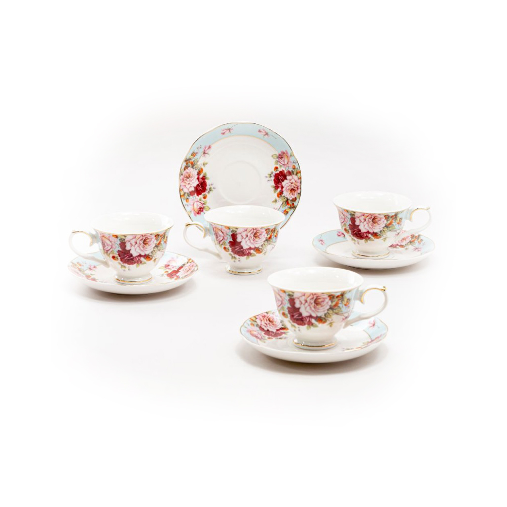 Small 3-Ounce Cup & Saucer Sets - Blue Strawberry Rose, Set of 4