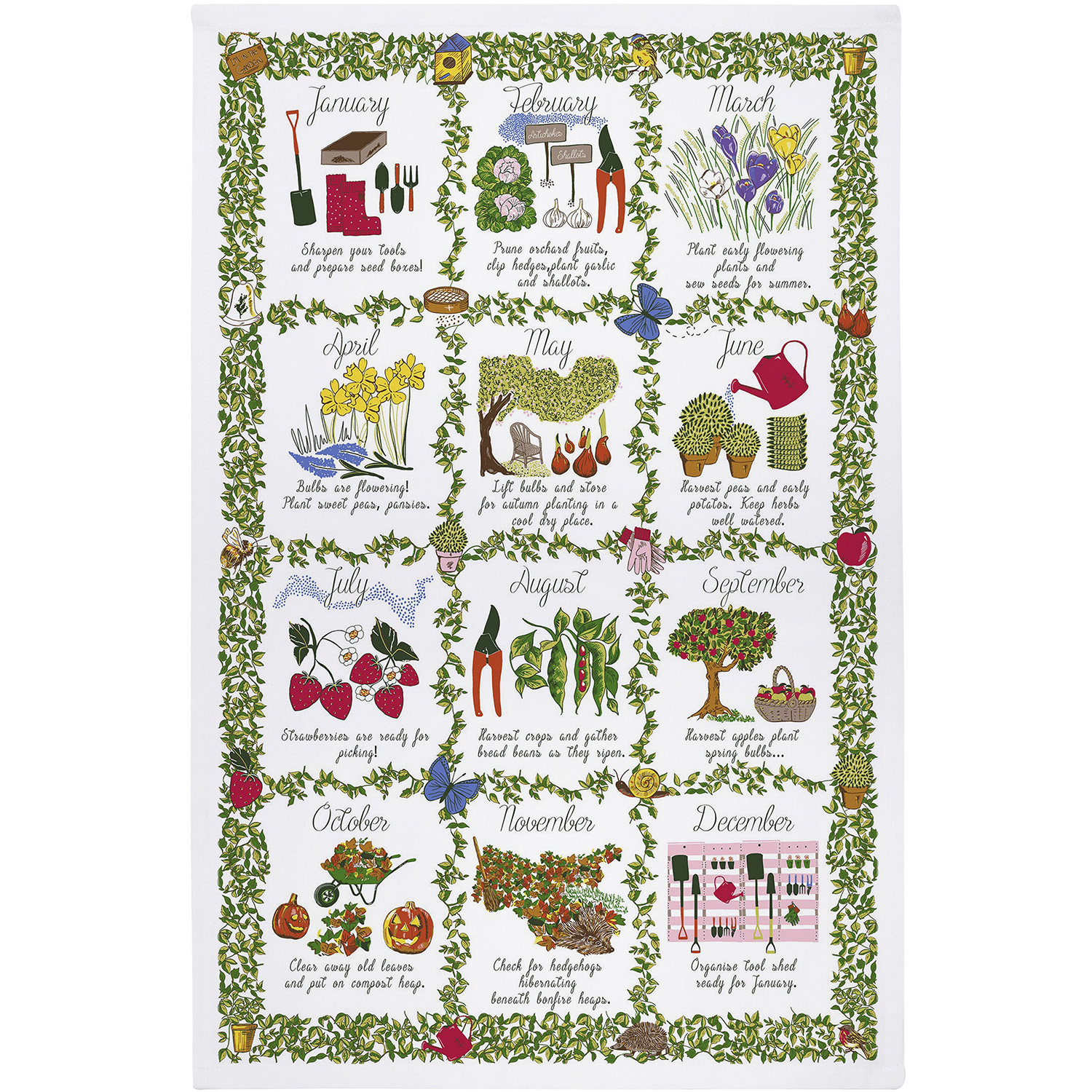 Gardeners Calendar Cotton Tea Towel – Green Gardening Guide Towel