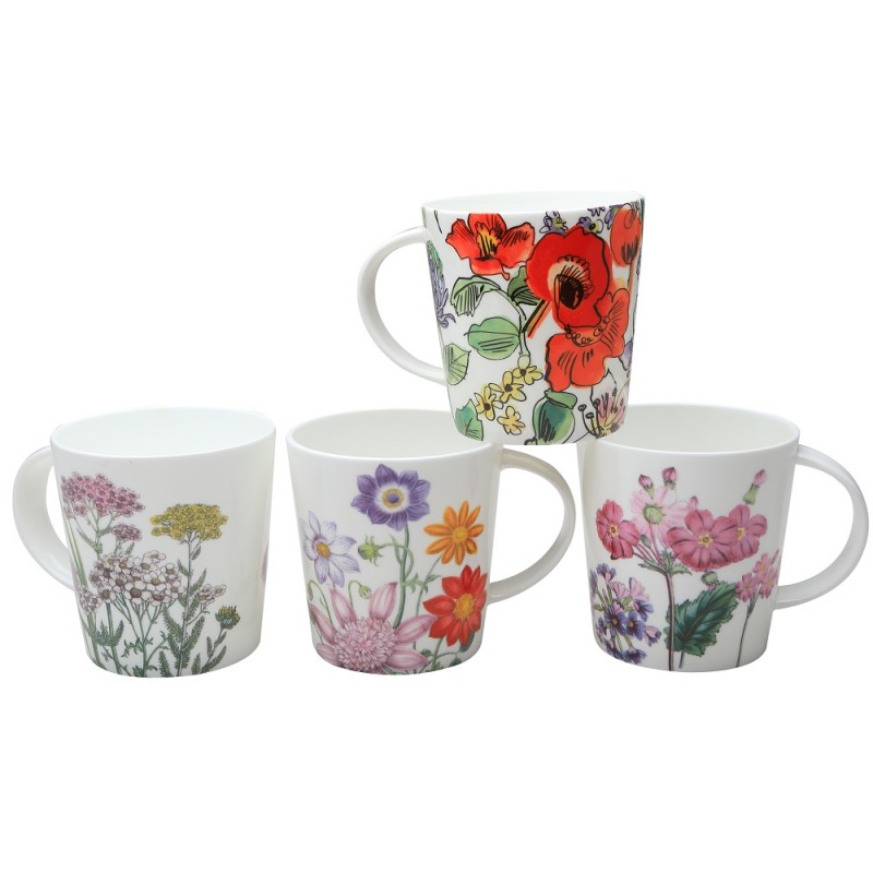 Set of 4 Bone China Mugs - Assorted Botanical Flowers, 16-Ounce