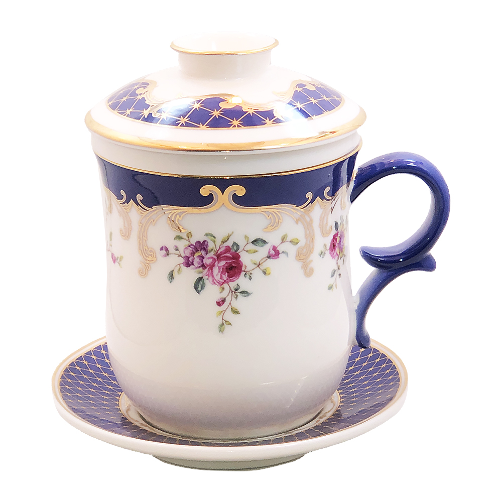 Lidded Tea Mug with Strainer, Royal Blue with Petite Roses