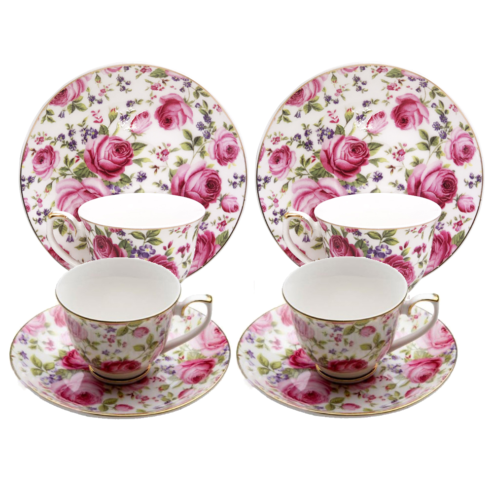 Elegant Rose Chintz Cup & Saucer Sets for Girls - Set of 4