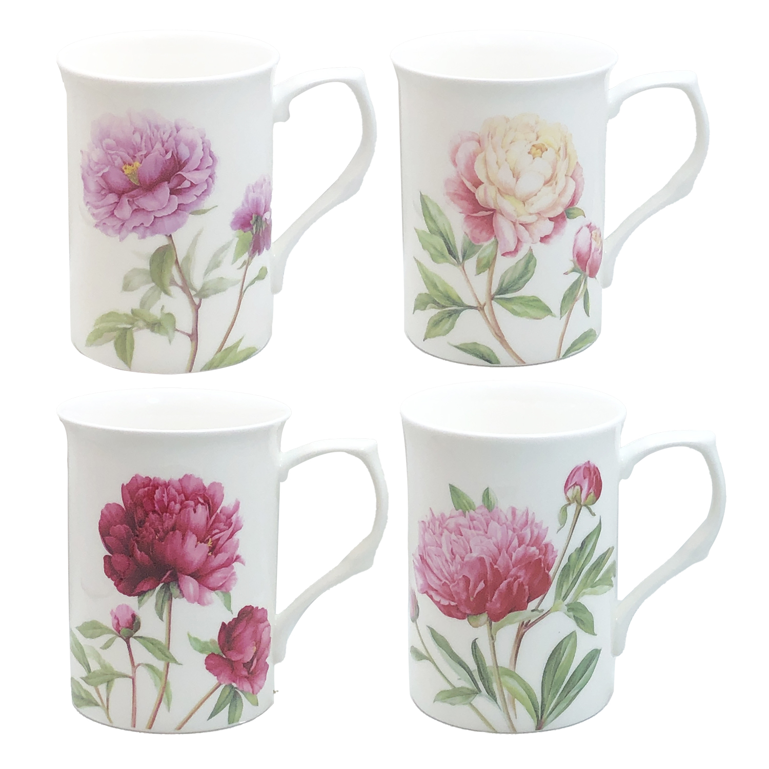 4 Assorted Peony Bone China Mugs, Set of 4