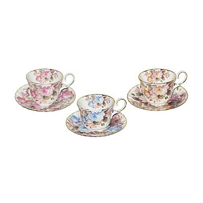 Sorrento Rose - Bone China Tea Cups and Saucers, Assorted Set of 3