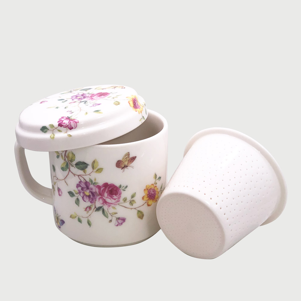 Lidded Tea Mug with Strainer, Flower and Butterfly, photo-1