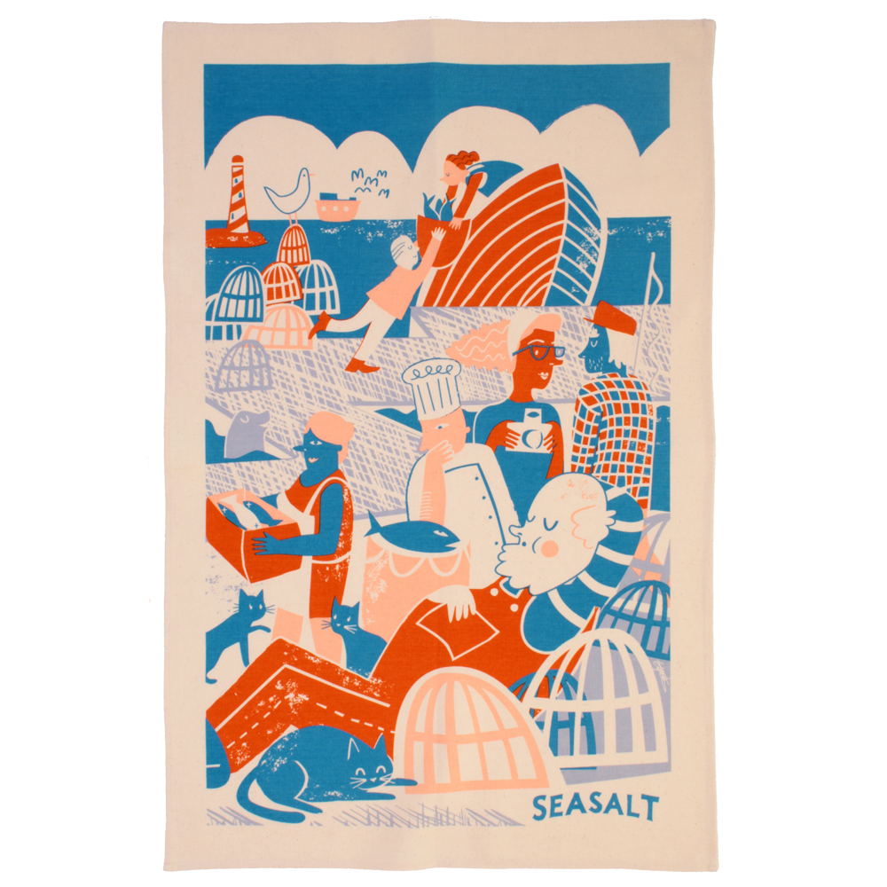 Cotton Tea Towel, Quayside Fishing