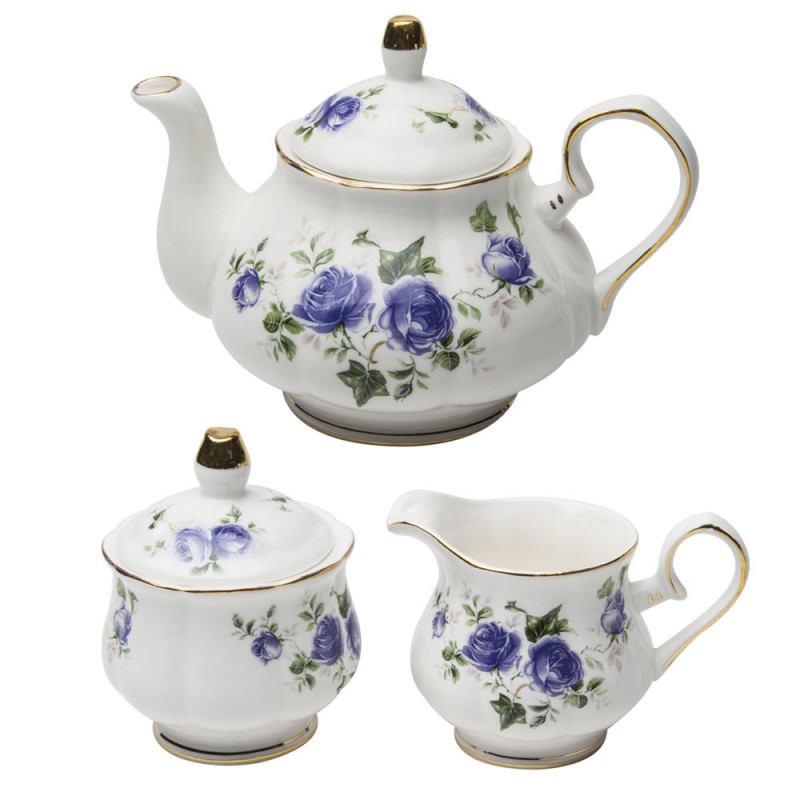Teapot with Cream and Sugar Set, Blue Rose