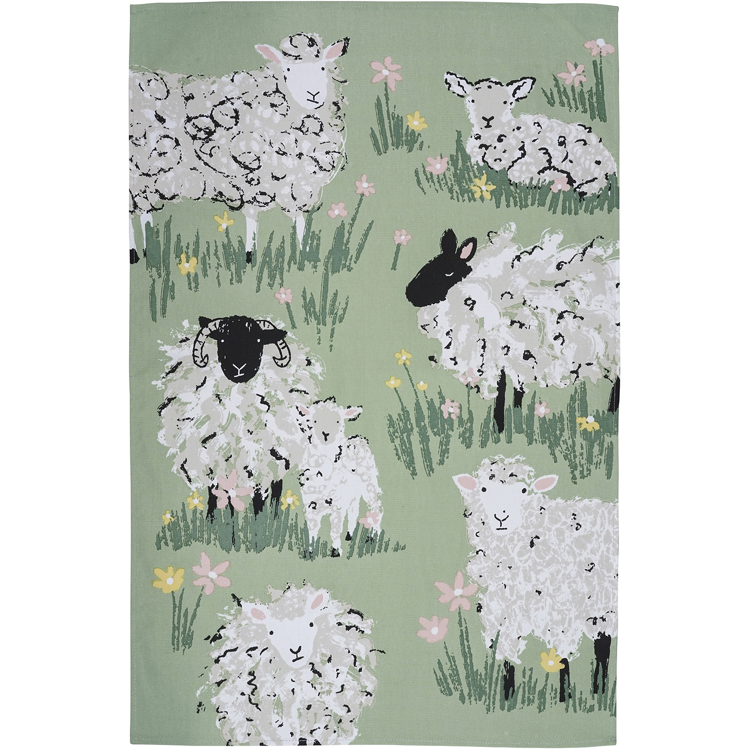 Woolly Sheep Cotton Tea Towel – Green Farmyard Kitchen Towel