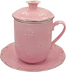 Pink Tea Mug with Cover, Strainer and Saucer Gift Set