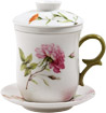 Tea Mug with Cover, Strainer and Saucer, Dahlia Floral