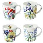 Set of 4 Bone China Mugs - Assorted Botanical Flowers, 16-Ounce