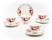 Small 3-Ounce Cup & Saucer Sets - Blue Strawberry Rose, Set of 4