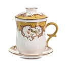 Tea Mug with Cover, Strainer and Saucer Gift Set, Vintage-Gold Color