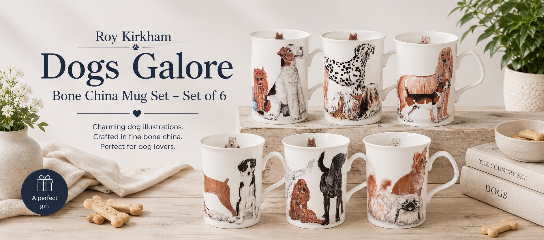 Roy Kirkham Dogs Galore bone china mug set featuring assorted dog breed illustrations on fine china mugs