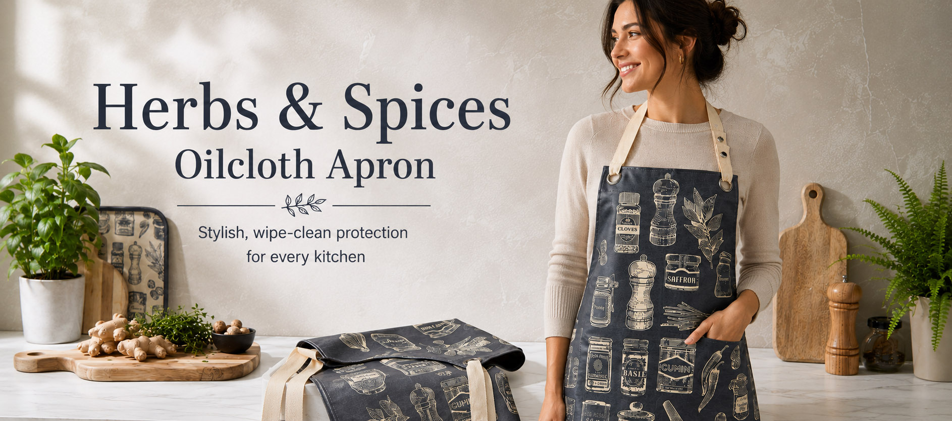 Herbs & Spices oilcloth apron banner featuring vintage spice illustrations in a modern kitchen setting